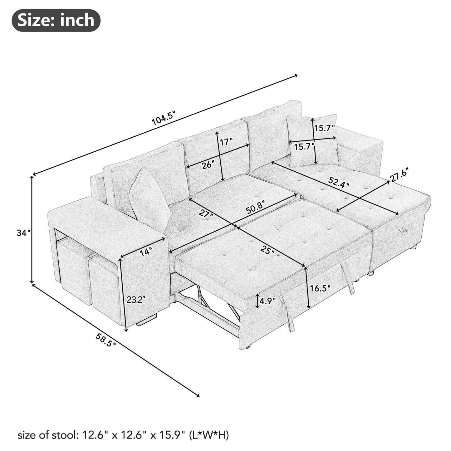 104.5" Pull Out Sleeper Sofa Reversible L-Shape 3 Seat Sectional Couch with Storage Chaise and 2 Stools for Living Room Furniture Set,Gray