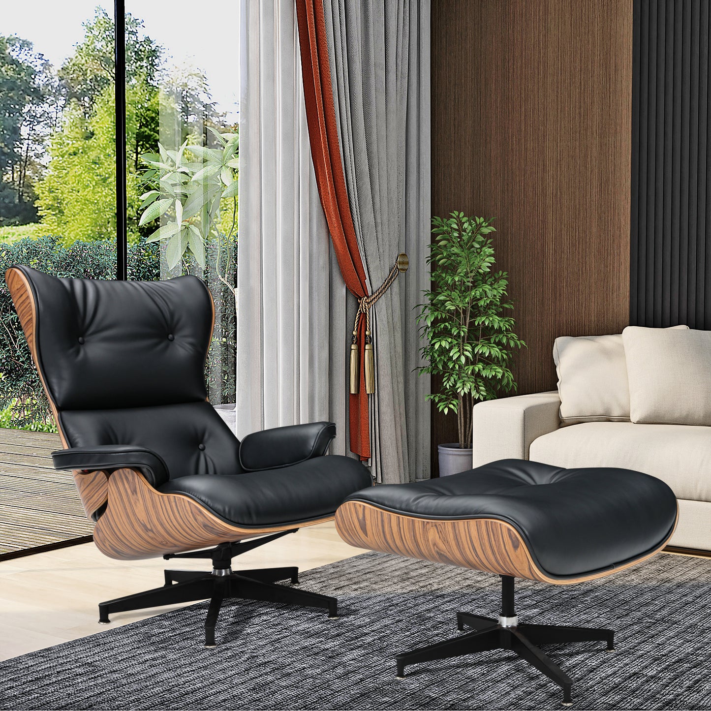 UPGRADE Mid century high back lounge chair with ottoman stool for Living Room Genuine Leather Club Chair