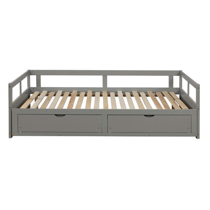 Wooden Daybed with Trundle Bed and Two Storage Drawers , Extendable Bed Daybed,Sofa Bed for Bedroom Living Room, Gray