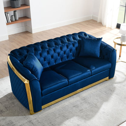 Velvet Luxury Chesterfield Sofa Set, 84 Inches Tufted 3 Seat Couch with Gold Stainless for Living Room, Navy Blue Fabric