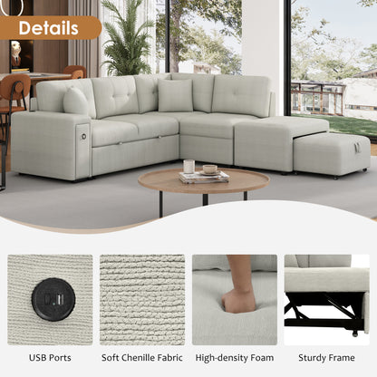 86.6" Sectional Sofa L-shaped Sofa Couch Pull-out Sofa Bed with a Movable Ottoman, Two USB Ports and Two Cup Holders for Living Room, Gray