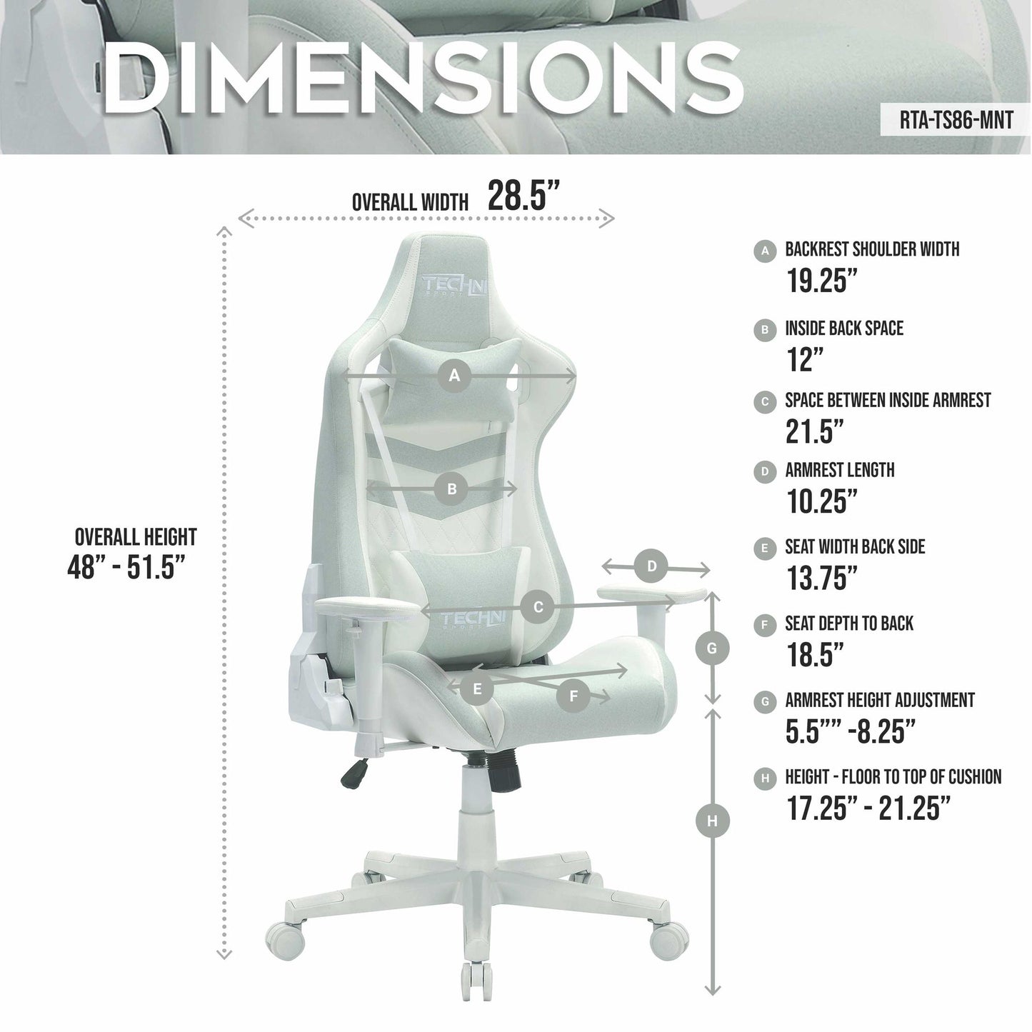 Techni Sport TS86 Ergonomic Pastel Gaming Chair, Mint