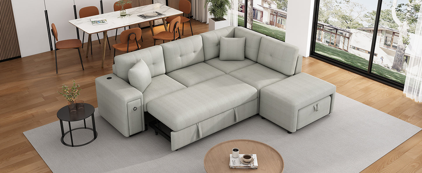 86.6" Sectional Sofa L-shaped Sofa Couch Pull-out Sofa Bed with a Movable Ottoman, Two USB Ports and Two Cup Holders for Living Room, Gray