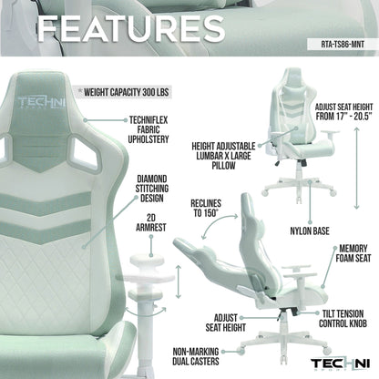 Techni Sport TS86 Ergonomic Pastel Gaming Chair, Mint