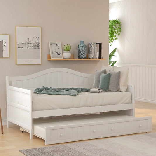 Twin Wooden Daybed with Trundle Bed, Sofa Bed for Bedroom Living Room,White