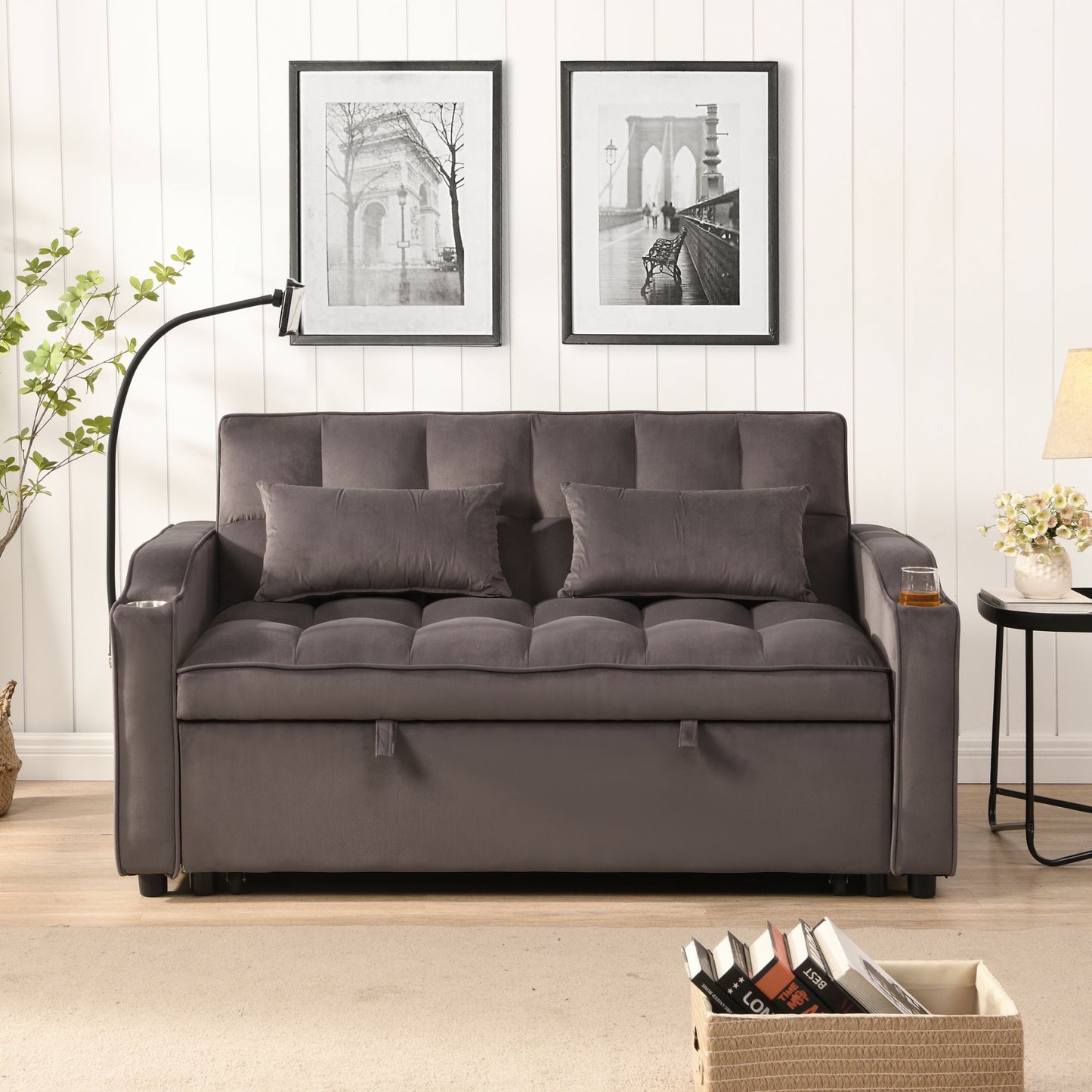 Modern Velvet Loveseat Futon Sofa Couch w/Pullout Bed,Small Love Seat Lounge Sofa with adjustable Reclining Backrest,Toss Pillows, Pockets,Furniture for Living Room,3 in 1 Convertible Sleeper Sofa Bed