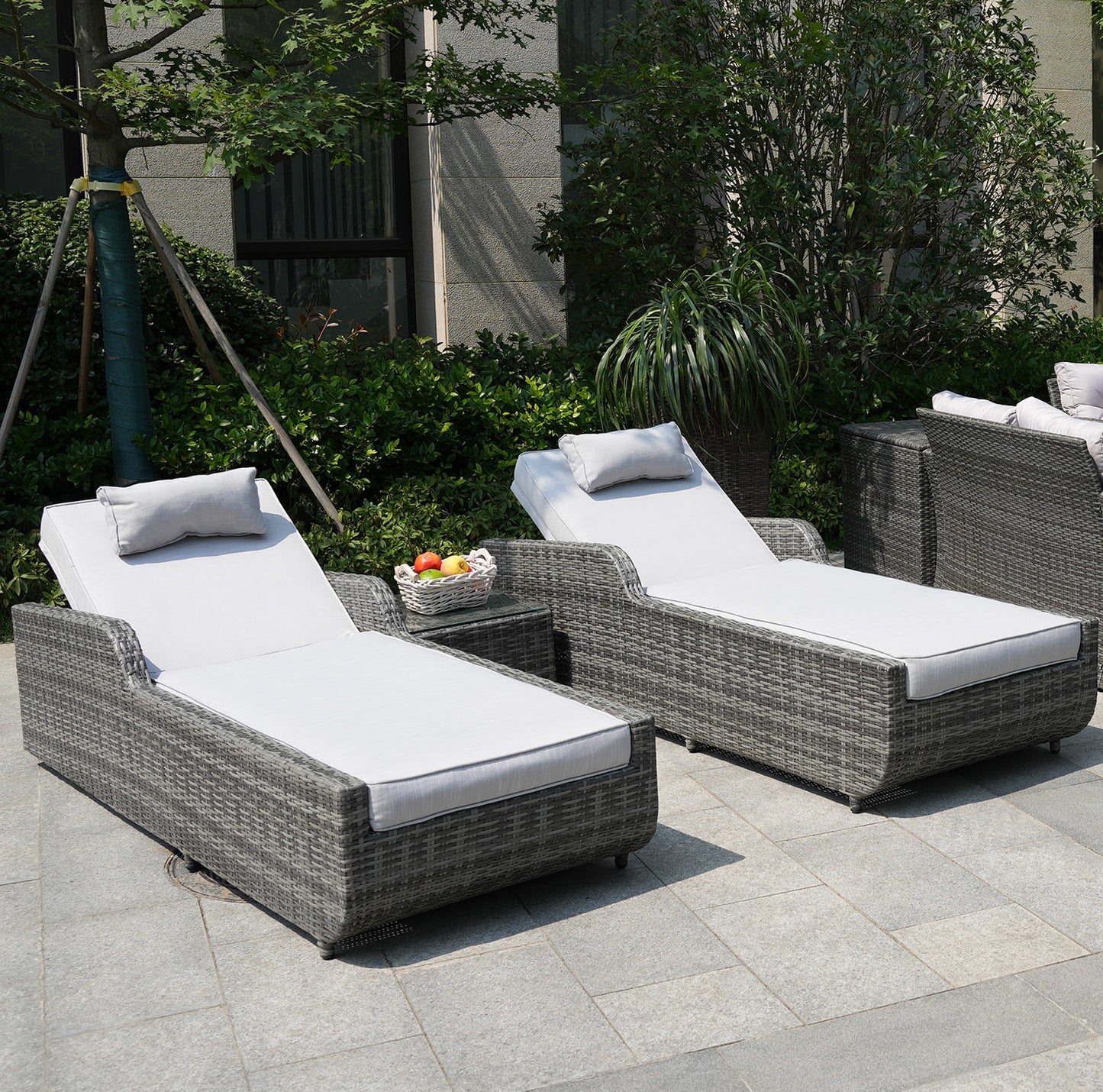 Backrest Rattan Chaise Lounge Set with Cushions