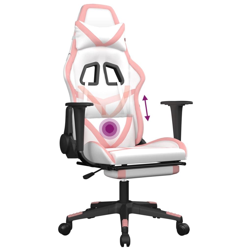 Massage Gaming Chair with Footrest White&Pink Faux Leather