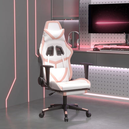 Massage Gaming Chair with Footrest White&Pink Faux Leather