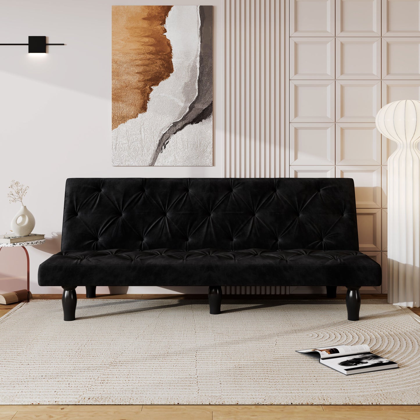 Sofa-to-Bed Evolution: 66" Black Velvet Sofa Bed Transforms Seamlessly, Ideal for Family Living Rooms, Apartments, and Bedrooms