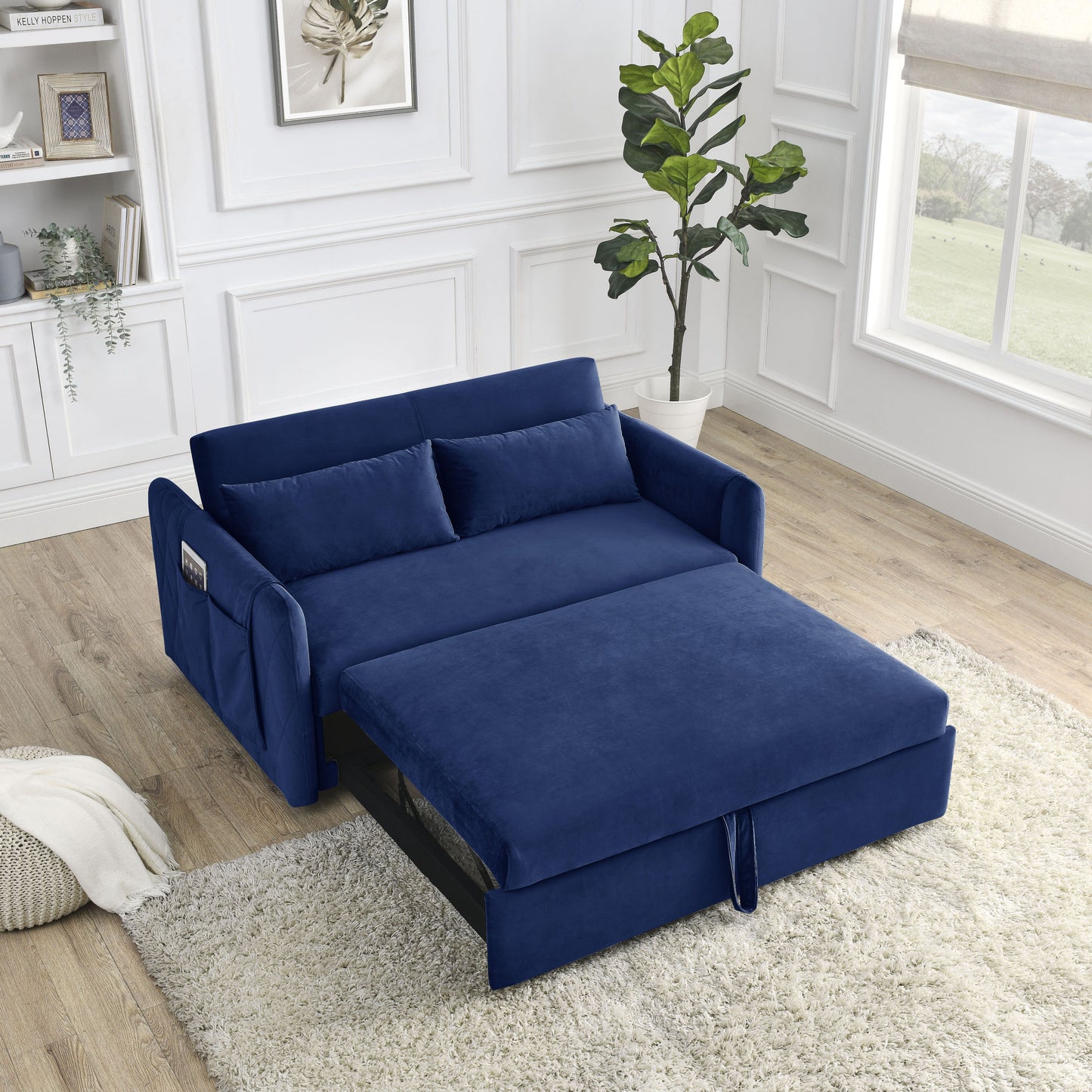 55" Modern Convertible Sofa Bed with 2 Detachable Arm Pockets; Velvet Loveseat Sofa with Pull Out Bed; 2 Pillows and Living Room Adjustable Backrest; Grid Design Armrests