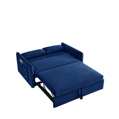 55" Modern Convertible Sofa Bed with 2 Detachable Arm Pockets; Velvet Loveseat Sofa with Pull Out Bed; 2 Pillows and Living Room Adjustable Backrest; Grid Design Armrests