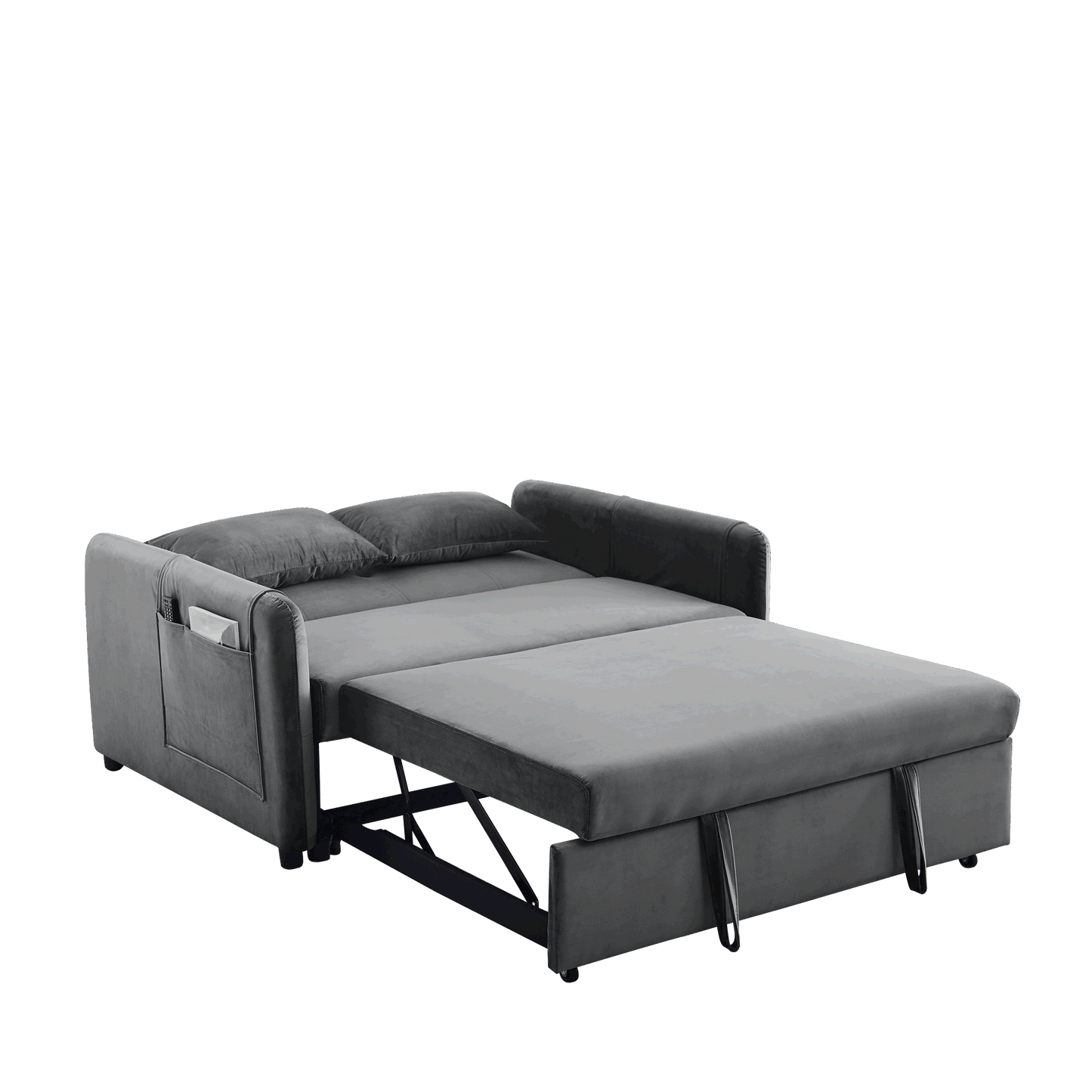 Convertible Sofa Bed, 3-in-1 Versatile Velvet Double Sofa with Pullout Bed, Seat with Adjustable Backrest, Lumbar Pillows, and Living Room Side Pockets, 54 Inch, Grey