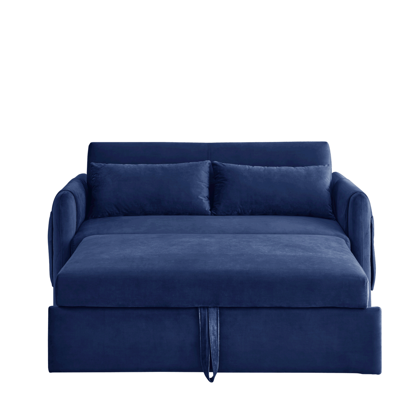 55" Modern Convertible Sofa Bed with 2 Detachable Arm Pockets; Velvet Loveseat Sofa with Pull Out Bed; 2 Pillows and Living Room Adjustable Backrest; Grid Design Armrests