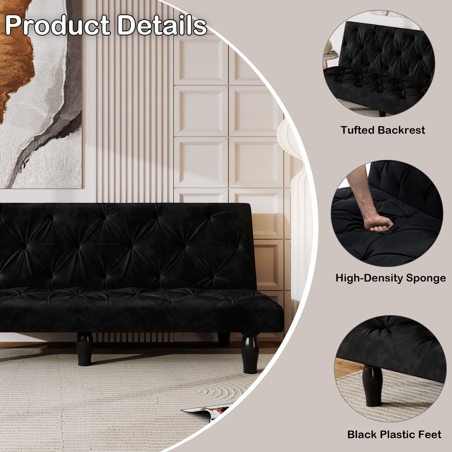 Sofa-to-Bed Evolution: 66" Black Velvet Sofa Bed Transforms Seamlessly, Ideal for Family Living Rooms, Apartments, and Bedrooms