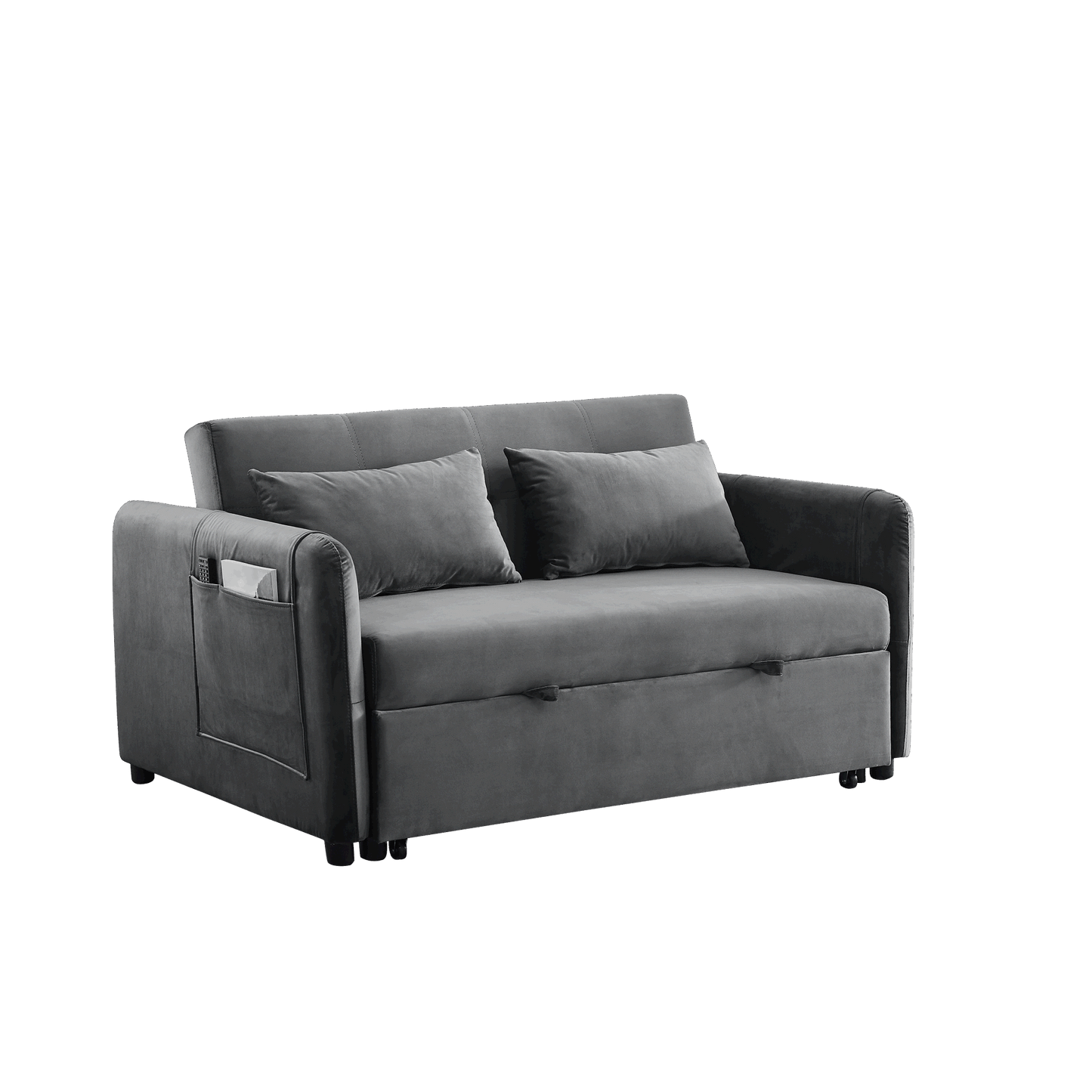 Convertible Sofa Bed, 3-in-1 Versatile Velvet Double Sofa with Pullout Bed, Seat with Adjustable Backrest, Lumbar Pillows, and Living Room Side Pockets, 54 Inch, Grey