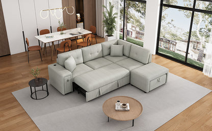 86.6" Sectional Sofa L-shaped Sofa Couch Pull-out Sofa Bed with a Movable Ottoman, Two USB Ports and Two Cup Holders for Living Room, Gray