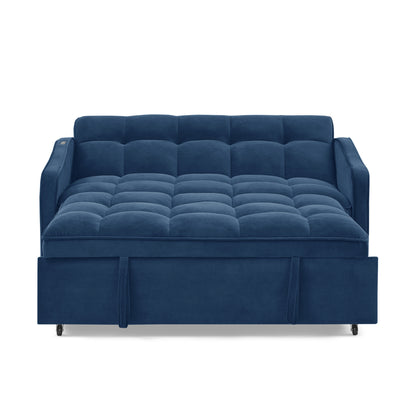 Loveseats Sofa Bed with Pull-out Bed,Adjsutable Back and Two Arm Pocket,TypeC and USB Charging with Copper nail,Blue (47"x53"x31")