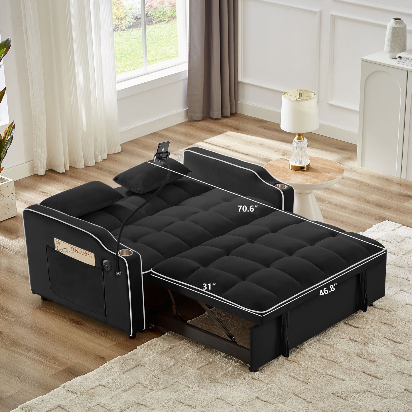 1 versatile foldable sofa bed in 3 lengths, modern sofa sofa sofa velvet pull-out bed, adjustable back and with USB port and ashtray and swivel phone stand (black)