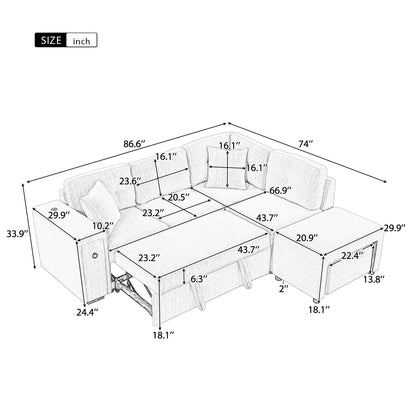 86.6" Sectional Sofa L-shaped Sofa Couch Pull-out Sofa Bed with a Movable Ottoman, Two USB Ports and Two Cup Holders for Living Room, Gray