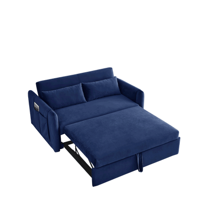 55" Modern Convertible Sofa Bed with 2 Detachable Arm Pockets; Velvet Loveseat Sofa with Pull Out Bed; 2 Pillows and Living Room Adjustable Backrest; Grid Design Armrests