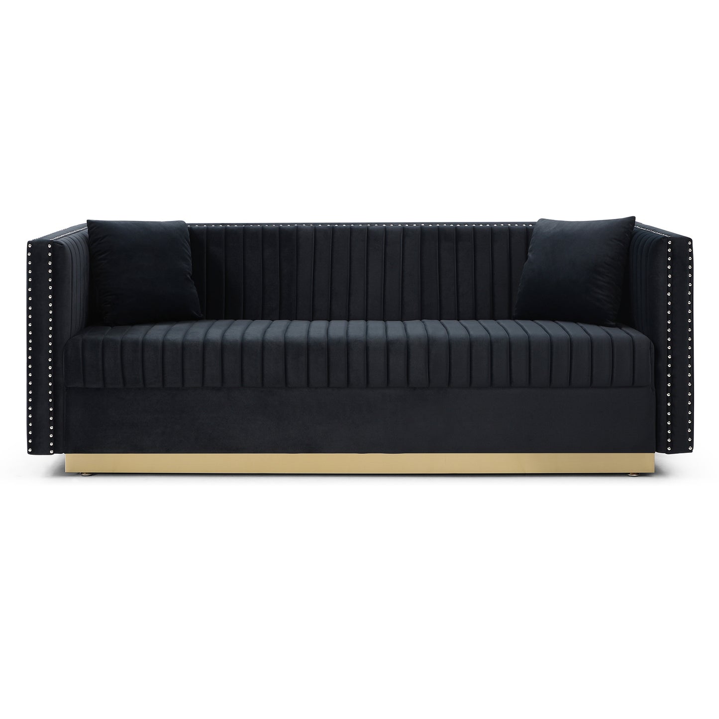 Contemporary Vertical Channel Tufted Velvet Sofa Modern Upholstered Couch for Living Room Apartment with 2 pillows,Black