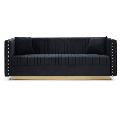 Contemporary Vertical Channel Tufted Velvet Sofa Modern Upholstered Couch for Living Room Apartment with 2 pillows,Black