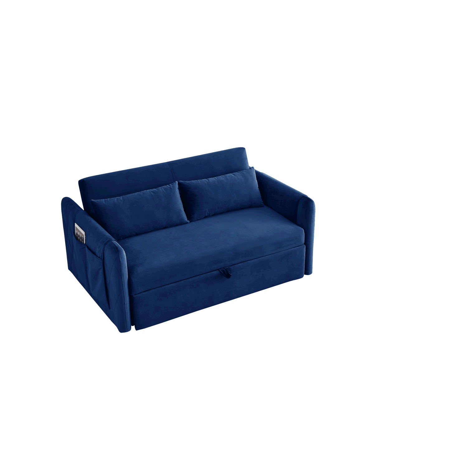 55" Modern Convertible Sofa Bed with 2 Detachable Arm Pockets; Velvet Loveseat Sofa with Pull Out Bed; 2 Pillows and Living Room Adjustable Backrest; Grid Design Armrests