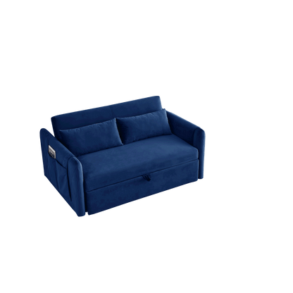 55" Modern Convertible Sofa Bed with 2 Detachable Arm Pockets; Velvet Loveseat Sofa with Pull Out Bed; 2 Pillows and Living Room Adjustable Backrest; Grid Design Armrests