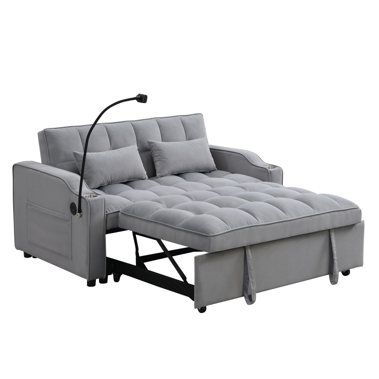 Modern Velvet Loveseat Futon Sofa Couch w/Pullout Bed,Small Love Seat Lounge Sofa with adjustable Reclining Backrest,Toss Pillows, Pockets,Furniture for Living Room,3 in 1 Convertible Sleeper Sofa Bed