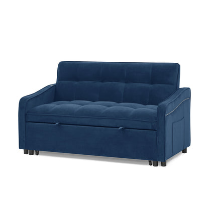 Loveseats Sofa Bed with Pull-out Bed,Adjsutable Back and Two Arm Pocket,TypeC and USB Charging with Copper nail,Blue (47"x53"x31")