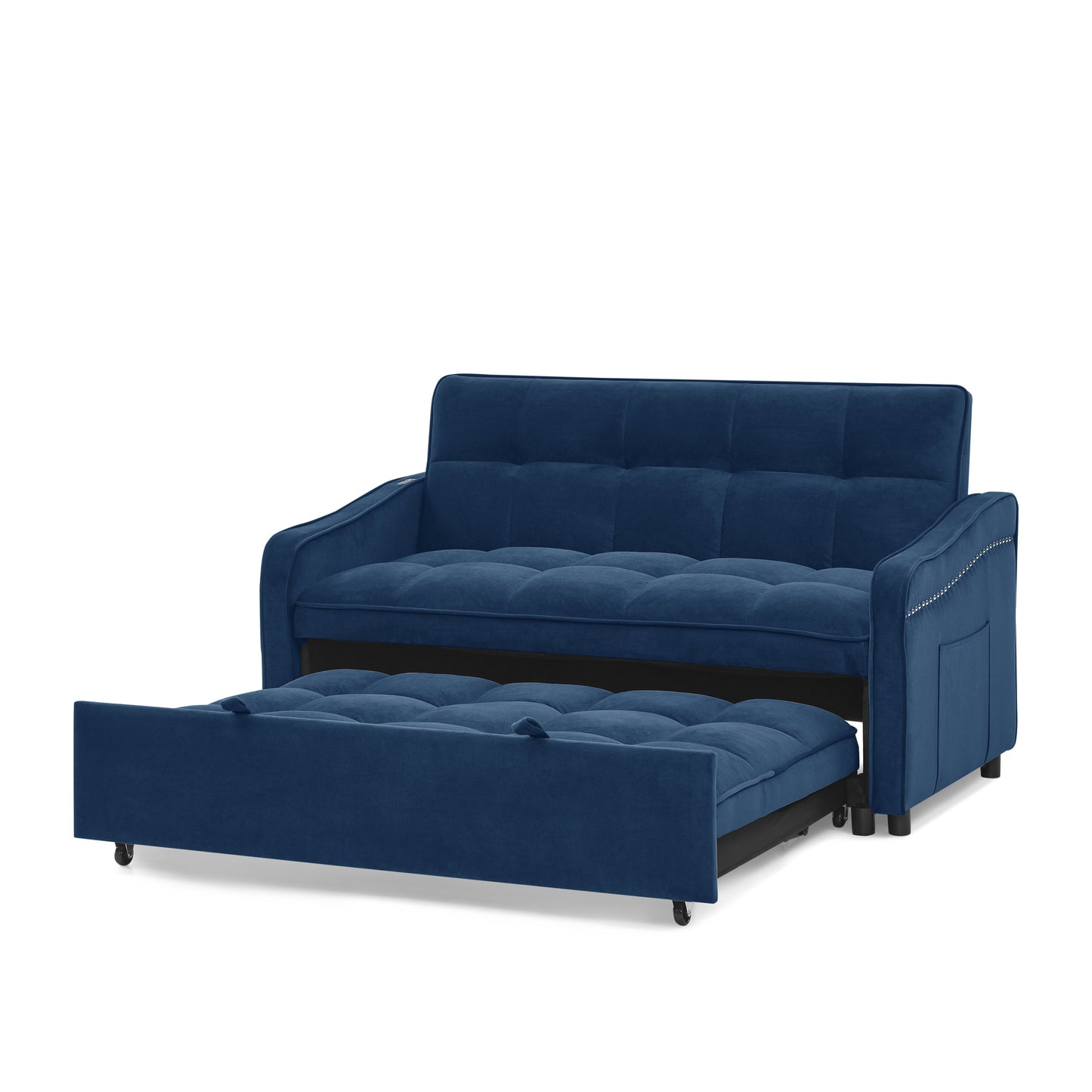 Loveseats Sofa Bed with Pull-out Bed,Adjsutable Back and Two Arm Pocket,TypeC and USB Charging with Copper nail,Blue (47"x53"x31")