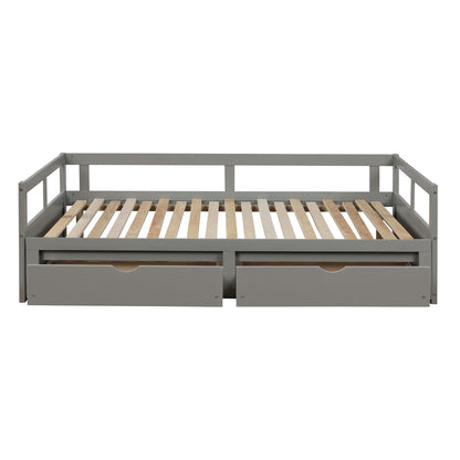 Wooden Daybed with Trundle Bed and Two Storage Drawers , Extendable Bed Daybed,Sofa Bed for Bedroom Living Room, Gray