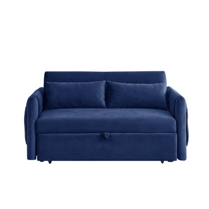 55" Modern Convertible Sofa Bed with 2 Detachable Arm Pockets; Velvet Loveseat Sofa with Pull Out Bed; 2 Pillows and Living Room Adjustable Backrest; Grid Design Armrests