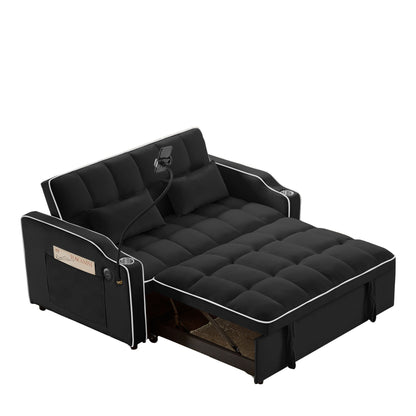 1 versatile foldable sofa bed in 3 lengths, modern sofa sofa sofa velvet pull-out bed, adjustable back and with USB port and ashtray and swivel phone stand (black)