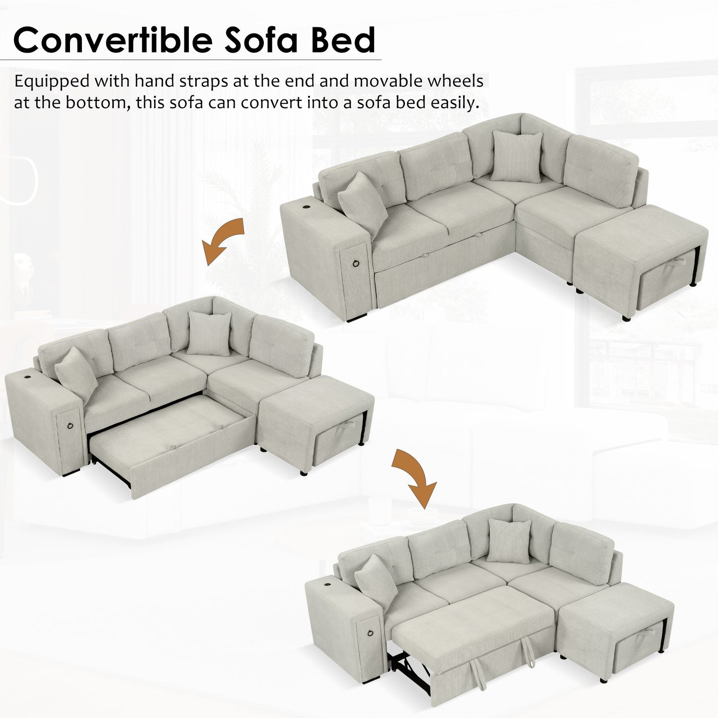 86.6" Sectional Sofa L-shaped Sofa Couch Pull-out Sofa Bed with a Movable Ottoman, Two USB Ports and Two Cup Holders for Living Room, Gray