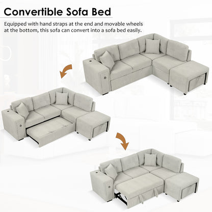 86.6" Sectional Sofa L-shaped Sofa Couch Pull-out Sofa Bed with a Movable Ottoman, Two USB Ports and Two Cup Holders for Living Room, Gray