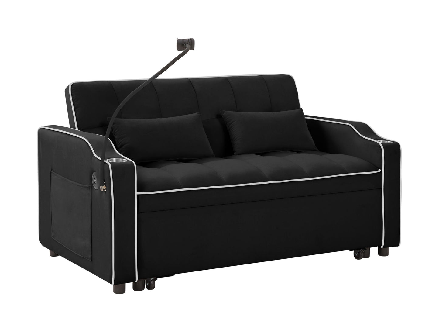 1 versatile foldable sofa bed in 3 lengths, modern sofa sofa sofa velvet pull-out bed, adjustable back and with USB port and ashtray and swivel phone stand (black)