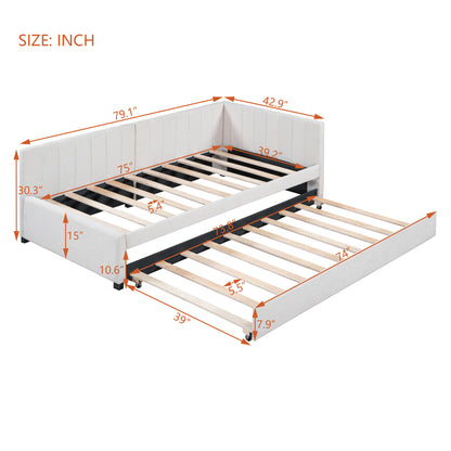 Upholstered Daybed with Trundle Twin Size Sofa Bed Frame No Box Spring Needed, Linen Fabric(Beige)