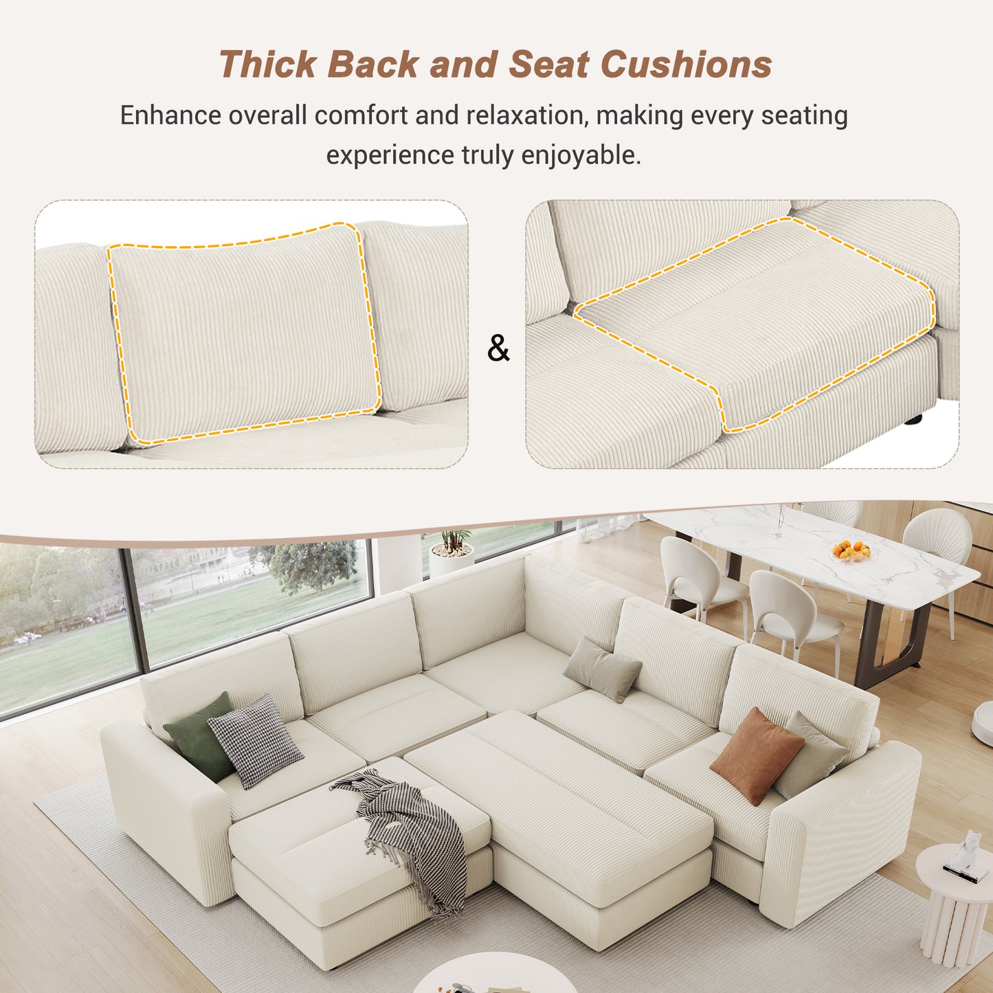 121.3" Sectional Couch Sofa Bed Modular Sofa with Two Movable Ottomans for Living Room (Old SKU:N719S001640A), Beige