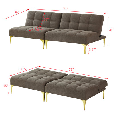 Convertible sofa bed futon with gold metal legs teddy fabric