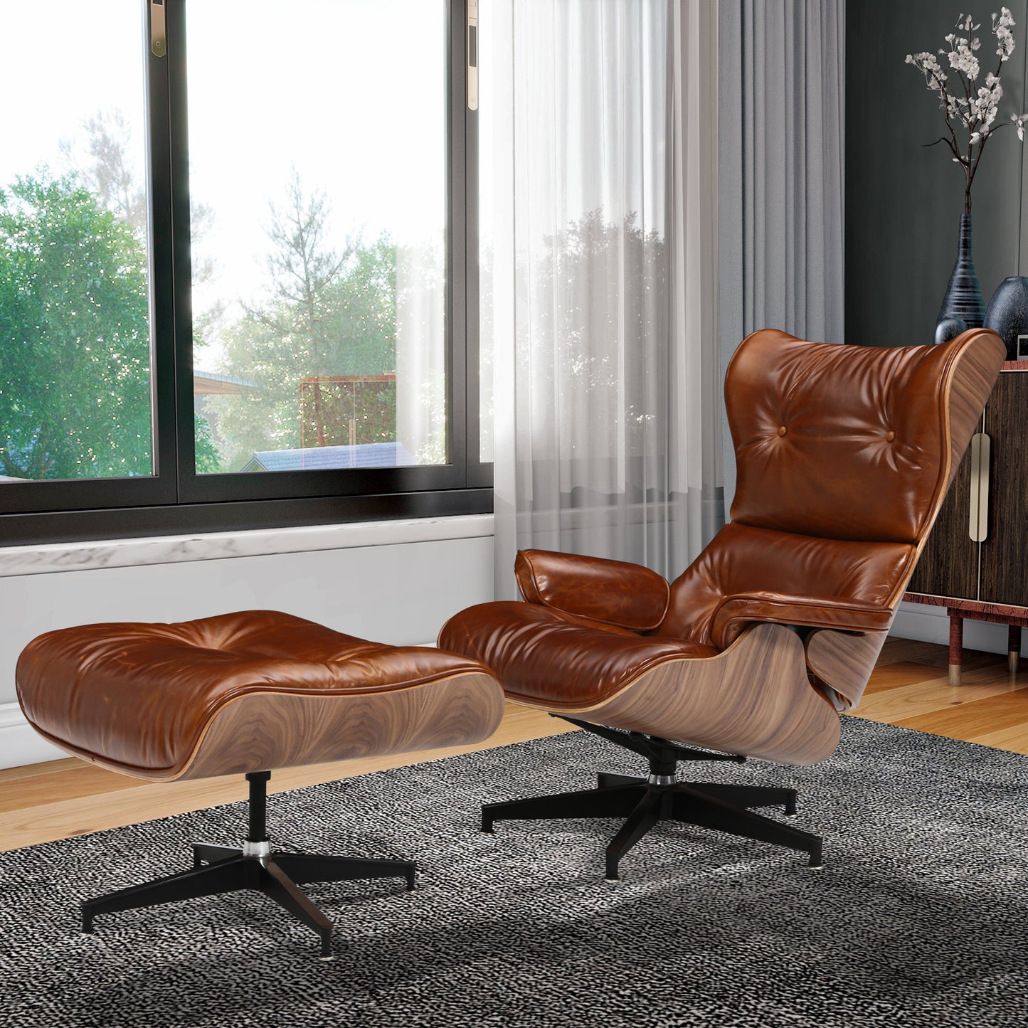 UPGRADE Mid century high back lounge chair with ottoman stool for Living Room Genuine Leather Club Chair