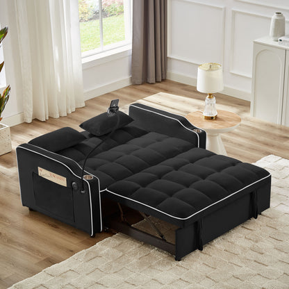 1 versatile foldable sofa bed in 3 lengths, modern sofa sofa sofa velvet pull-out bed, adjustable back and with USB port and ashtray and swivel phone stand (black)