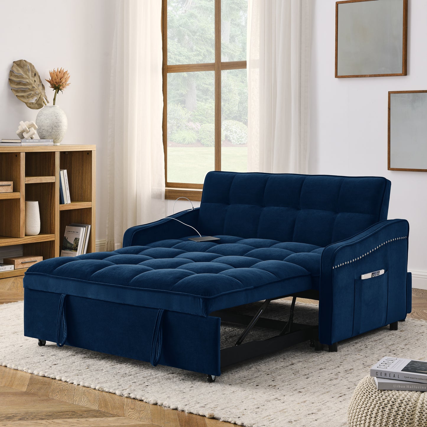 Loveseats Sofa Bed with Pull-out Bed,Adjsutable Back and Two Arm Pocket,TypeC and USB Charging with Copper nail,Blue (47"x53"x31")