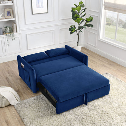 55" Modern Convertible Sofa Bed with 2 Detachable Arm Pockets; Velvet Loveseat Sofa with Pull Out Bed; 2 Pillows and Living Room Adjustable Backrest; Grid Design Armrests