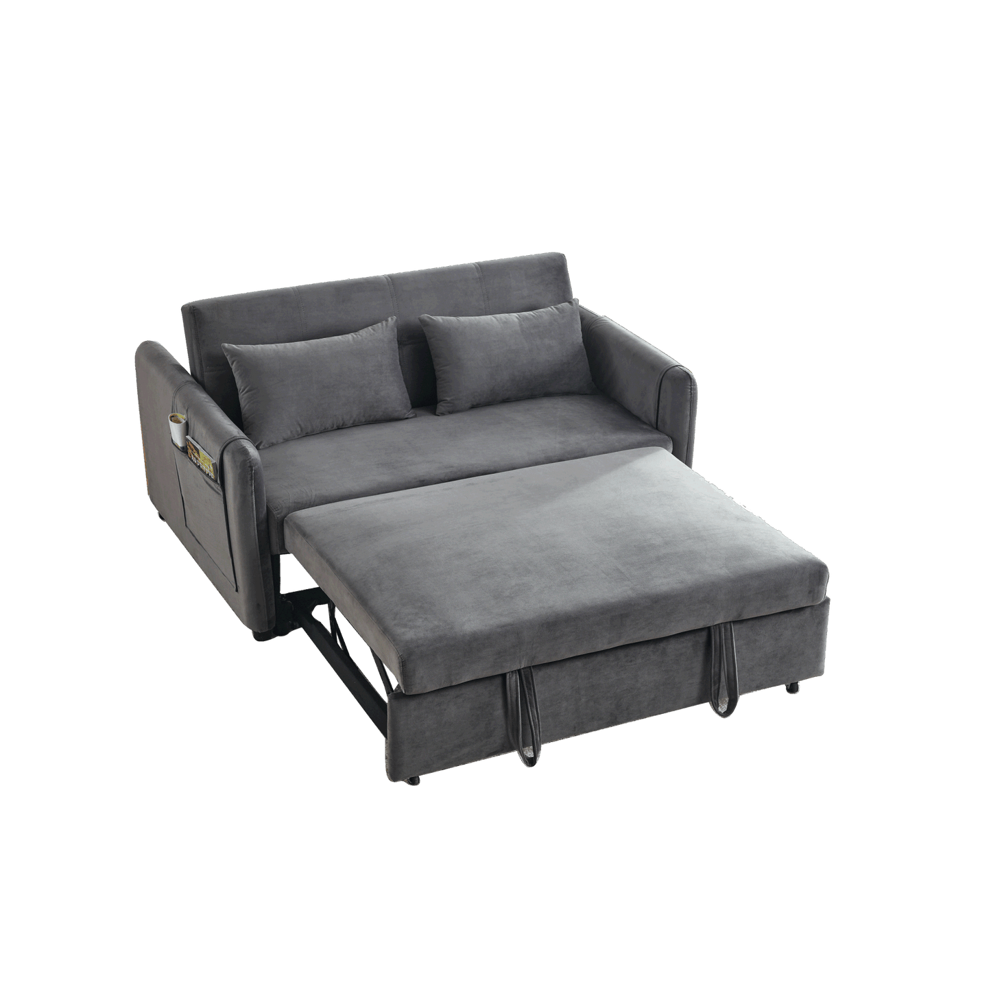 Convertible Sofa Bed, 3-in-1 Versatile Velvet Double Sofa with Pullout Bed, Seat with Adjustable Backrest, Lumbar Pillows, and Living Room Side Pockets, 54 Inch, Grey