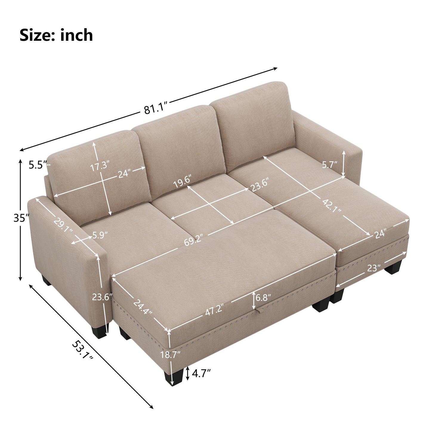 Sectional Couch with Storage Ottoman L-Shaped Sofa