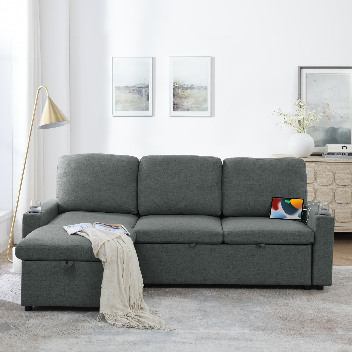 Linen Upholstered Sleeper Sectional Sofa