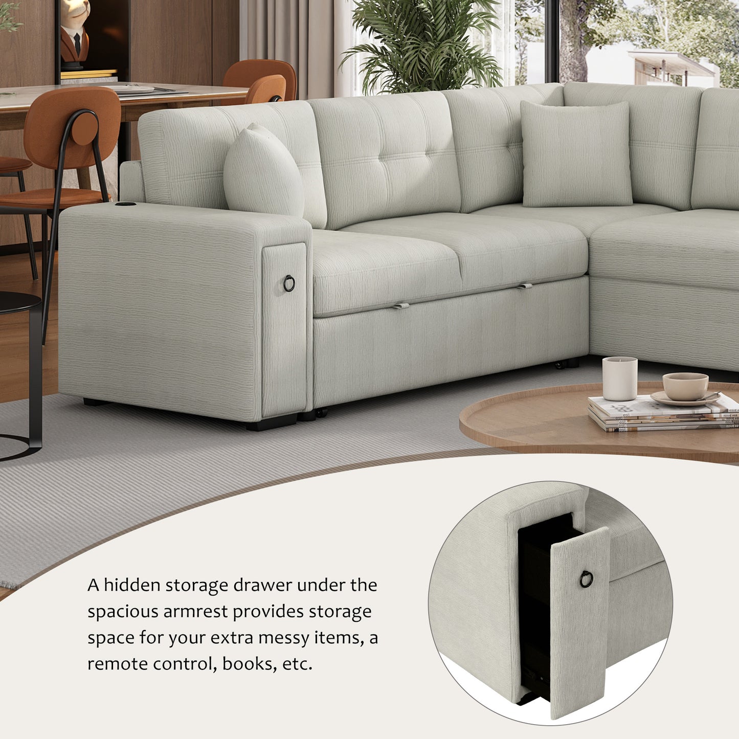 86.6" Sectional Sofa L-shaped Sofa Couch Pull-out Sofa Bed with a Movable Ottoman, Two USB Ports and Two Cup Holders for Living Room, Gray