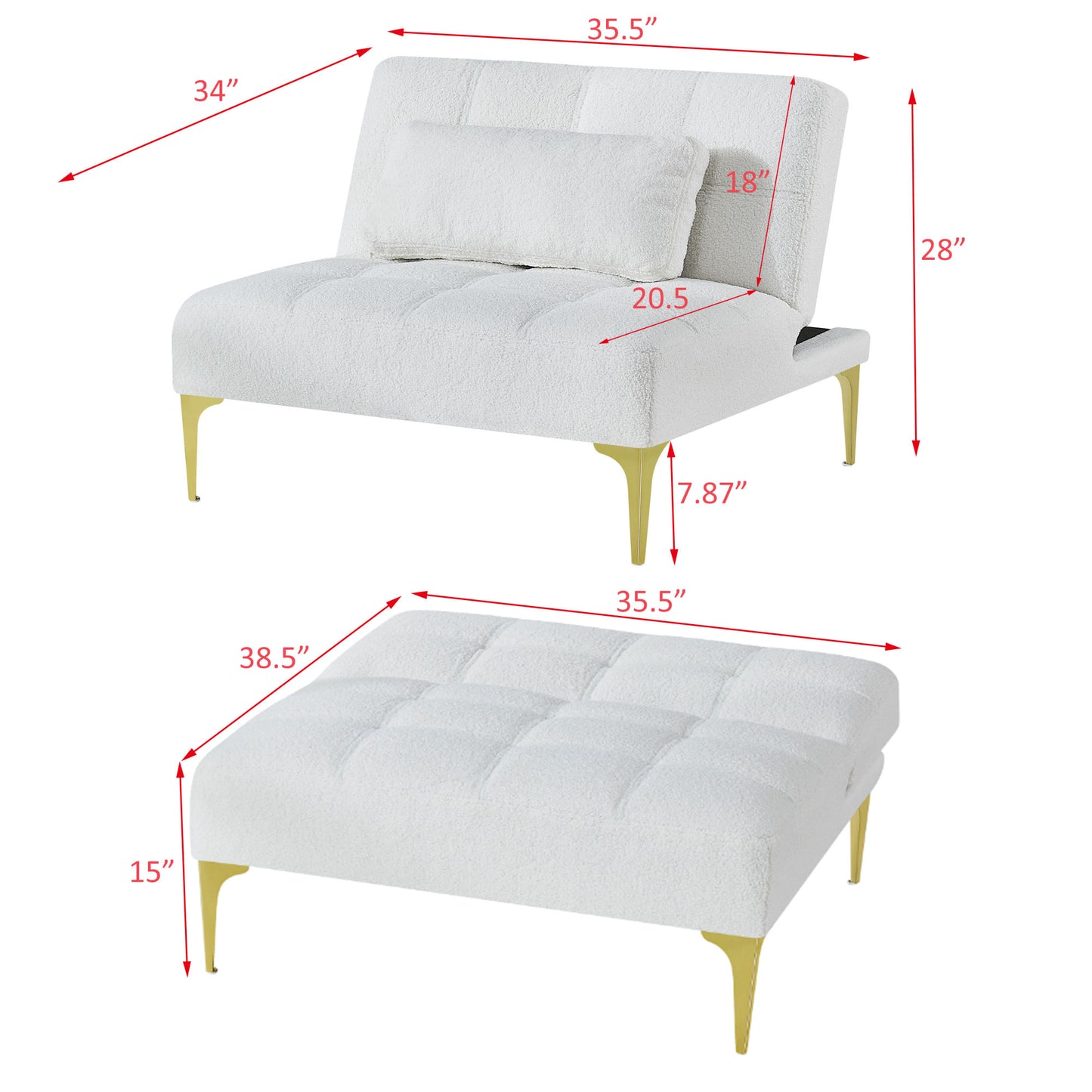 Convertible sofa bed single chair futon with gold metal legs teddy fabric